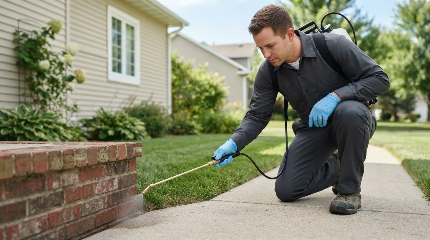 Pest control technician treating a home near Westfield, MA